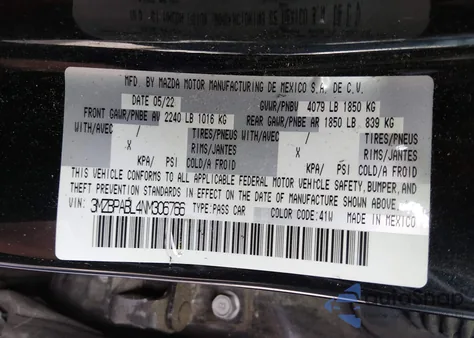 2022 Mazda Mazda3 Select из США, поврежденный, VIN 3MZBPABL4NM306766